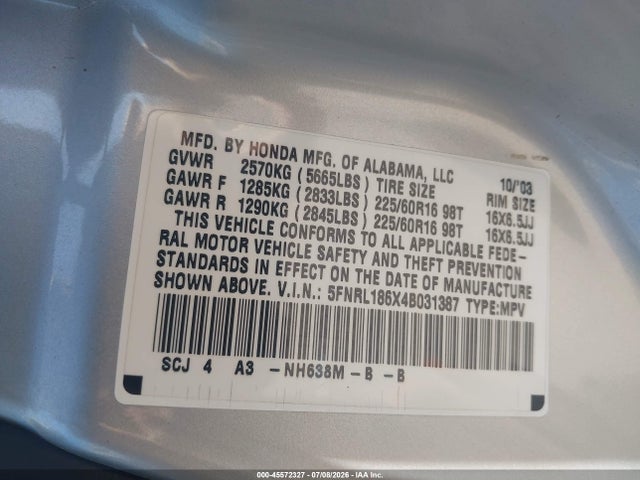 45572327 :رقم المزاد ، 5FNRL186X4B031387 vin ، 2004 Honda Odyssey Ex مزاد بيع
