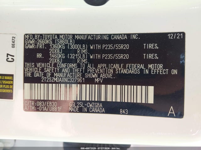 2022 Lexus Rx 350 F Sport Appearance მანქანა იყიდება აუქციონზე, vin: 2T2SZMDAXNC327961, აუქციონის ნომერი: 45572329