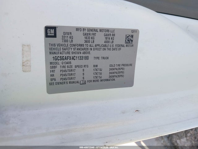 Продаж на аукціоні авто 2012 Chevrolet Express 1500 Work Van, vin: 1GCSGAFX4C1133180, номер лоту: 45572340