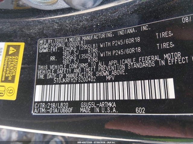 Toyota Highlander Xle V6 2015 5TDJKRFH2FS200402 Image 9