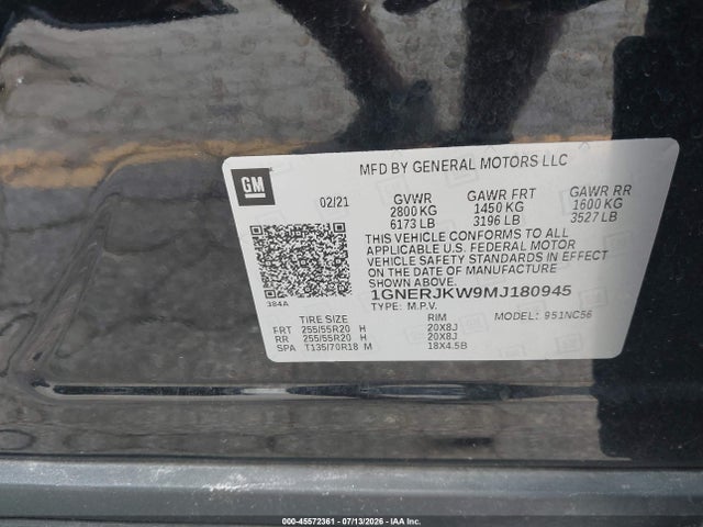 45572361 :رقم المزاد ، 1GNERJKW9MJ180945 vin ، 2021 Chevrolet Traverse Fwd Rs مزاد بيع