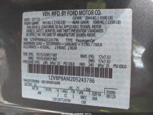 45572362 :رقم المزاد ، 1ZVBP8AM2D5243786 vin ، 2013 Ford Mustang V6 Premium مزاد بيع