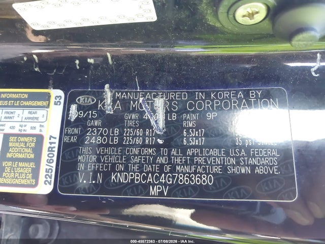 2016 Kia Sportage Lx მანქანა იყიდება აუქციონზე, vin: KNDPBCAC4G7863680, აუქციონის ნომერი: 45572363