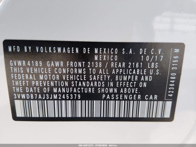 Продаж на аукціоні авто 2018 Volkswagen Jetta 1.4t Se/1.4t Wolfsburg Edition, vin: 3VWDB7AJ3JM245379, номер лоту: 45572372