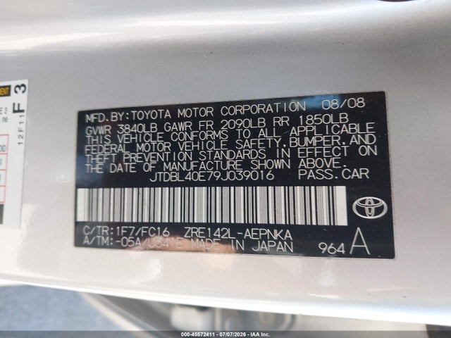 Aukcja sprzedaży 2009 Toyota Corolla Xle, vin: JTDBL40E79J039016, numer aukcji: 45572411