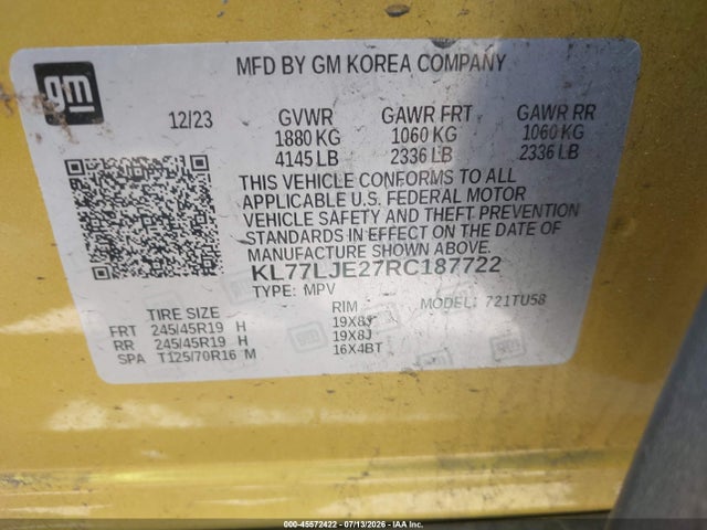 Aukcja sprzedaży 2024 Chevrolet Trax Fwd 2rs, vin: KL77LJE27RC187722, numer aukcji: 45572422
