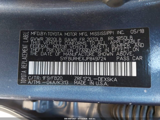 Toyota COROLLA SE 2018 5YFBURHEXJP849724 Image 9