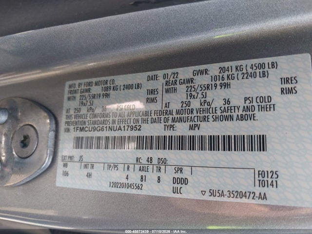 Aukcja sprzedaży 2022 Ford Escape Se, vin: 1FMCU9G61NUA17952, numer aukcji: 45572439