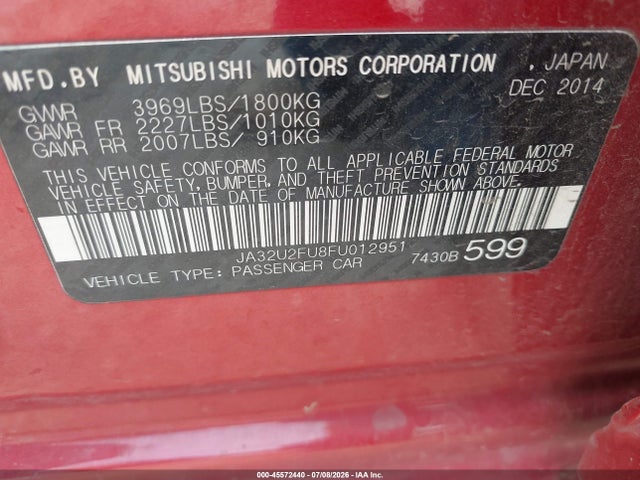 2015 Mitsubishi Lancer Es მანქანა იყიდება აუქციონზე, vin: JA32U2FU8FU012951, აუქციონის ნომერი: 45572440