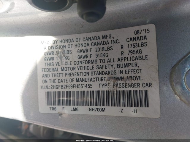 Aukcja sprzedaży 2015 Honda Civic Lx, vin: 2HGFB2F59FH551455, numer aukcji: 45572449