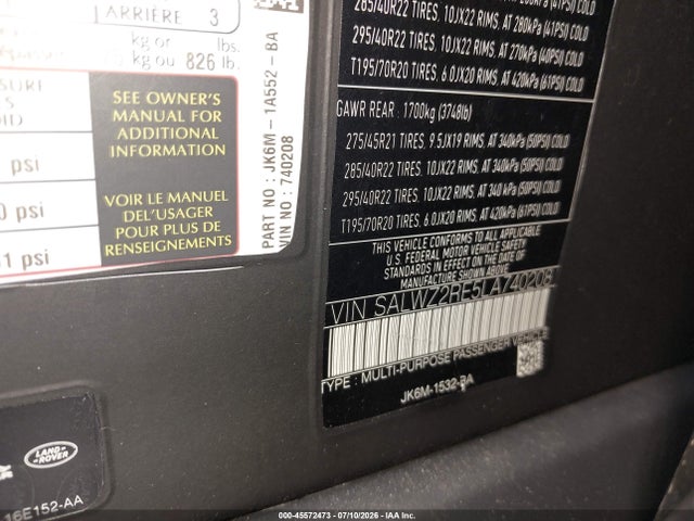 Продаж на аукціоні авто 2020 Land Rover Range Rover Sport Svr, vin: SALWZ2RE5LA740208, номер лоту: 45572473
