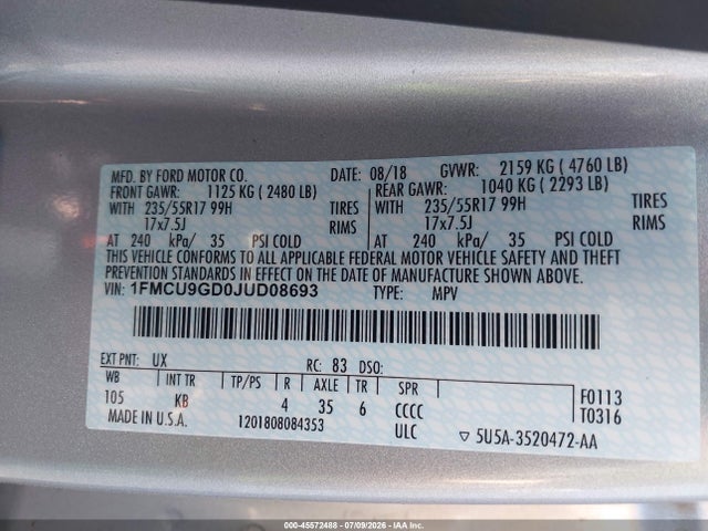 Ford ESCAPE SE 2018 1FMCU9GD0JUD08693 Image 9
