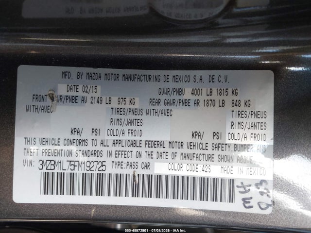45572501 :رقم المزاد ، 3MZBM1L75FM192725 vin ، 2015 Mazda Mazda3 I Touring مزاد بيع