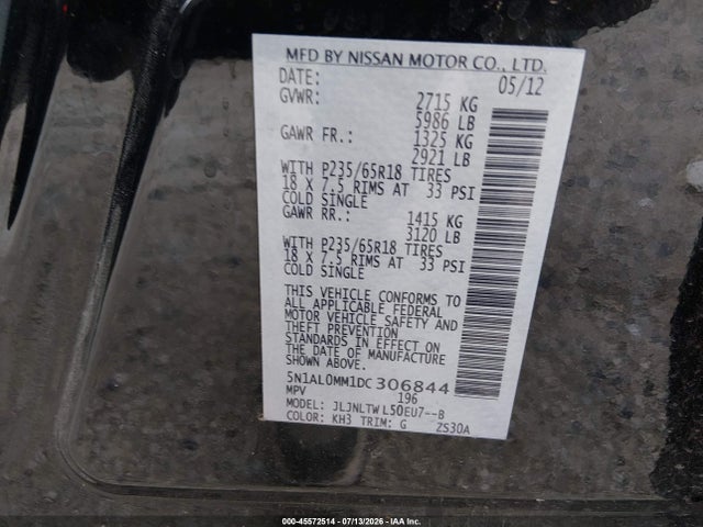 Продажа на аукционе авто 2013 Infiniti Jx35, vin: 5N1AL0MM1DC306844, номер лота: 45572514