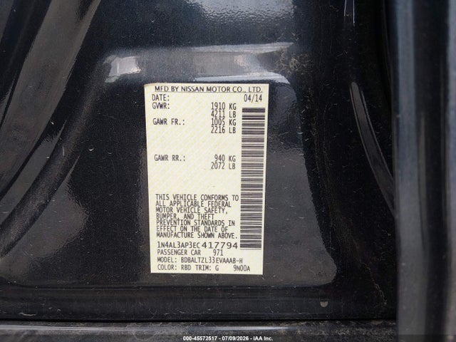 2014 Nissan Altima 2.5 Sv მანქანა იყიდება აუქციონზე, vin: 1N4AL3AP3EC417794, აუქციონის ნომერი: 45572517