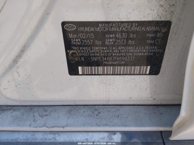 2015 Hyundai Sonata Sport 2.0t მანქანა იყიდება აუქციონზე, vin: 5NPE34AB7FH199337, აუქციონის ნომერი: 45572526