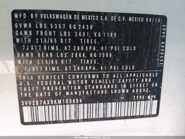 Продажа на аукционе авто 2019 Volkswagen Tiguan 2.0t Se/2.0t Sel/2.0t Sel R-line/2.0t Sel R-line Black, vin: 3VV2B7AX9KM169684, номер лота: 45572569