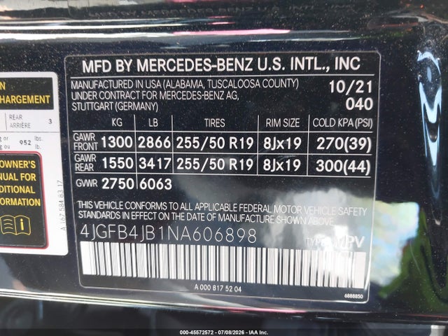 Aukcja sprzedaży 2022 Mercedes-benz Gle 350, vin: 4JGFB4JB1NA606898, numer aukcji: 45572572