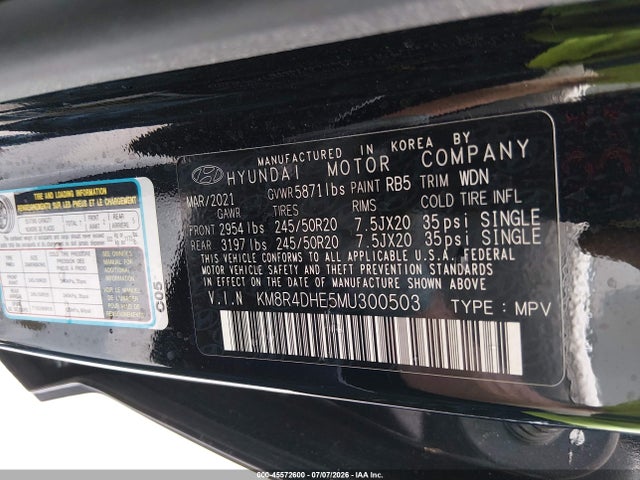 Aukcja sprzedaży 2021 Hyundai Palisade Sel, vin: KM8R4DHE5MU300503, numer aukcji: 45572600
