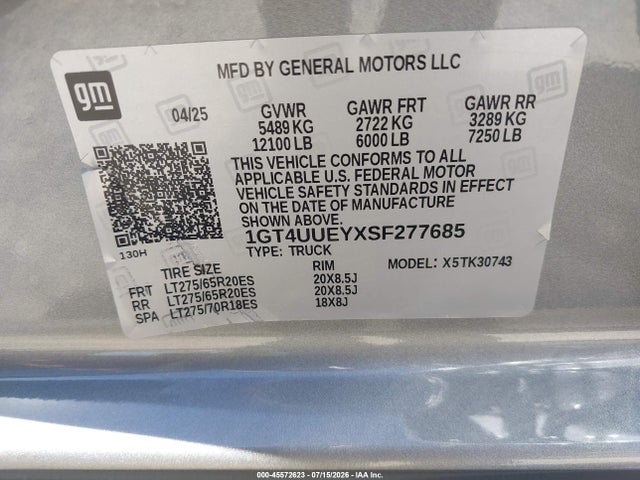 1GT4UUEYXSF277685 GMC Sierra 3500hd 4wd Standard Bed Slt