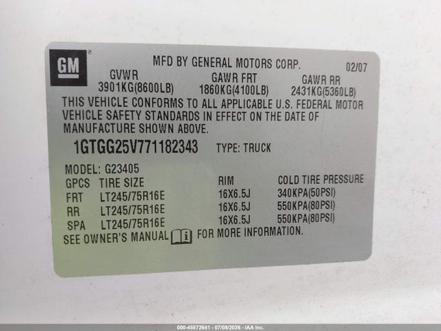 Aukcja sprzedaży 2007 Gmc Savana Work Van, vin: 1GTGG25V771182343, numer aukcji: 45572641