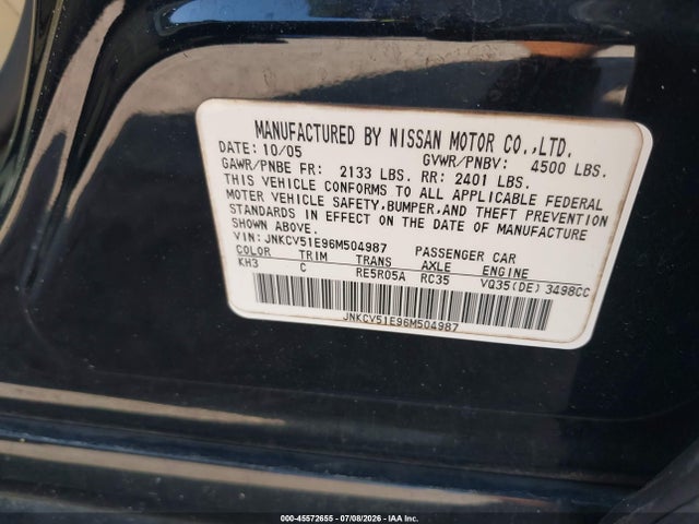 Aukcja sprzedaży 2006 Infiniti G35, vin: JNKCV51E96M504987, numer aukcji: 45572655