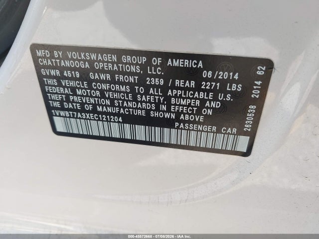 Продажа на аукционе авто 2014 Volkswagen Passat 1.8t Se, vin: 1VWBT7A3XEC121204, номер лота: 45572668