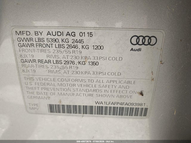 Продажа на аукционе авто 2015 Audi Q5 2.0t Premium, vin: WA1LFAFP4FA093981, номер лота: 45572676