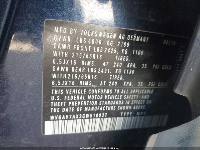Продажа на аукционе авто 2016 Volkswagen Tiguan S, vin: WVGAV7AX3GW510937, номер лота: 45572678