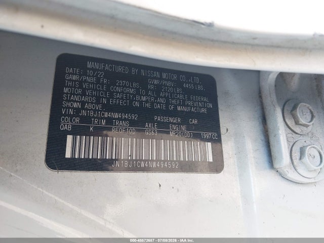 45572687 :رقم المزاد ، JN1BJ1CW4NW494592 vin ، 2022 Nissan Rogue Sport Sl Awd Xtronic Cvt مزاد بيع