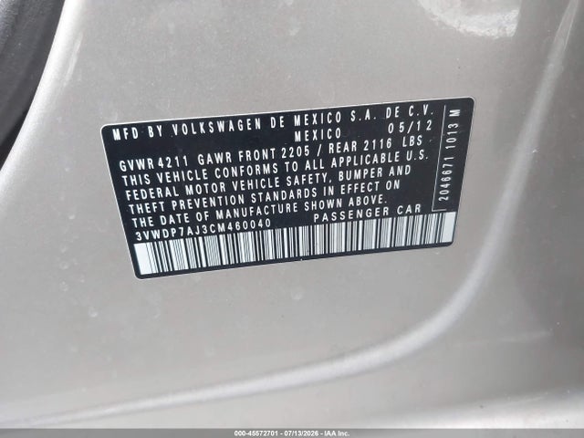 45572701 :رقم المزاد ، 3VWDP7AJ3CM460040 vin ، 2012 Volkswagen Jetta 2.5l Se مزاد بيع