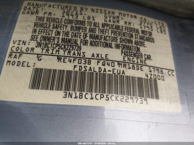 Aukcja sprzedaży 2012 Nissan Versa 1.8 S, vin: 3N1BC1CP5CK229739, numer aukcji: 45572707