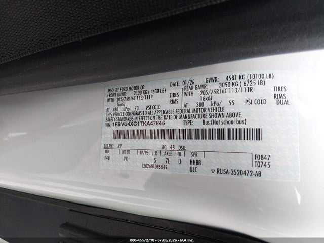45572718 :رقم المزاد ، 1FBVU4XG1TKA47846 vin ، 2026 Ford Transit-350 Passenger Van Xl مزاد بيع