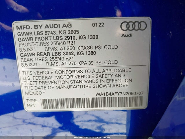 45572721 :رقم المزاد ، WA1B4AFY7N2050707 vin ، 2022 Audi Sq5 Premium Plus Tfsi Quattro Tiptronic مزاد بيع
