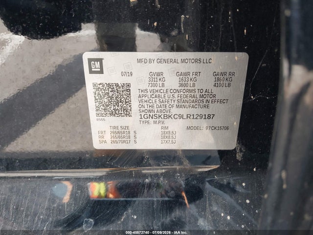 45572740 :رقم المزاد ، 1GNSKBKC9LR129187 vin ، 2020 Chevrolet Tahoe 4wd Lt مزاد بيع