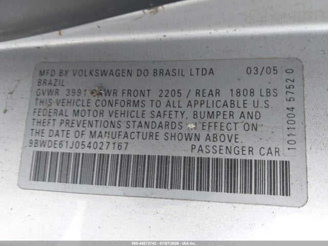 Auction sale of the 2005 Volkswagen Gti 1.8t, vin: 9BWDE61J054027167, lot number: 45572742