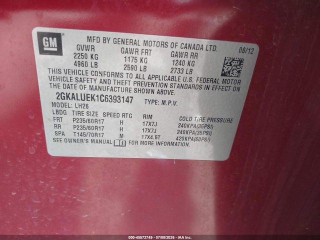2012 Gmc Terrain Slt-1 მანქანა იყიდება აუქციონზე, vin: 2GKALUEK1C6393147, აუქციონის ნომერი: 45572749