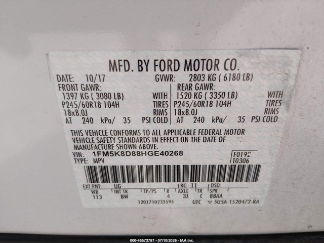 Продажа на аукционе авто 2017 Ford Explorer Xlt, vin: 1FM5K8D88HGE40268, номер лота: 45572757