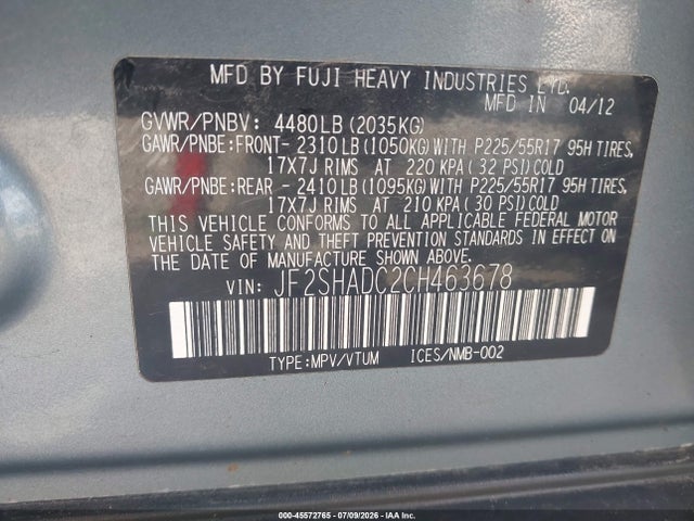 45572765 :رقم المزاد ، JF2SHADC2CH463678 vin ، 2012 Subaru Forester 2.5x Premium مزاد بيع
