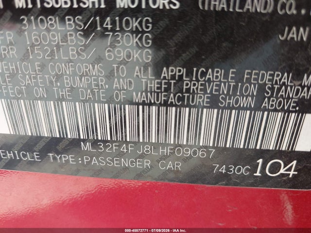 Aukcja sprzedaży 2020 Mitsubishi Mirage G4 Le, vin: ML32F4FJ8LHF09067, numer aukcji: 45572771
