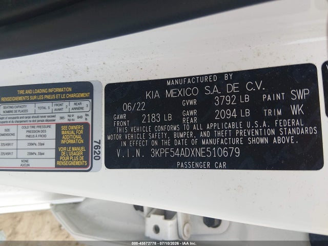 Продажа на аукционе авто 2022 Kia Forte Gt-line, vin: 3KPF54ADXNE510679, номер лота: 45572778