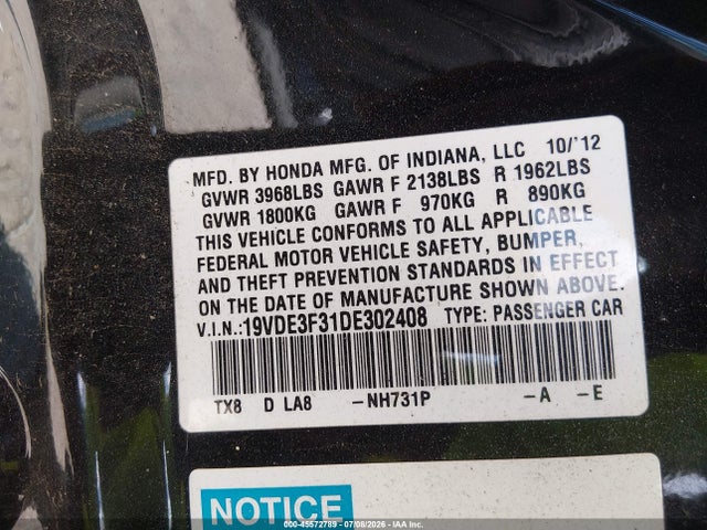 45572789 :رقم المزاد ، 19VDE3F31DE302408 vin ، 2013 Acura Ilx Hybrid 1.5l مزاد بيع