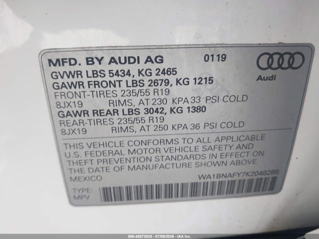 45572825 :رقم المزاد ، WA1BNAFY7K2048285 vin ، 2019 Audi Q5 45 Premium مزاد بيع