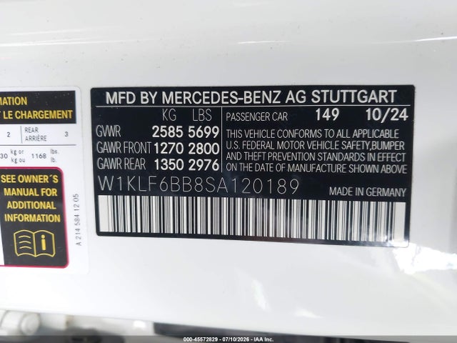 45572829 :رقم المزاد ، W1KLF6BB8SA120189 vin ، 2025 Mercedes-benz E 450 4matic مزاد بيع