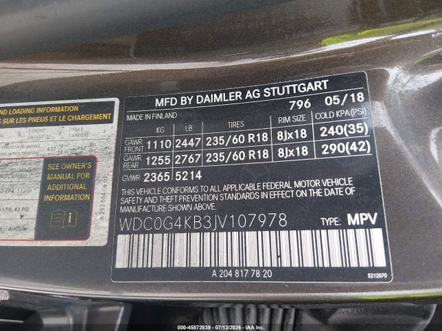 Auction sale of the 2018 Mercedes-benz Glc 300 4matic, vin: WDC0G4KB3JV107978, lot number: 45572839