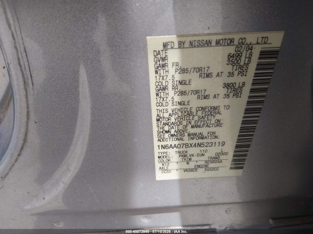 2004 Nissan Titan Le მანქანა იყიდება აუქციონზე, vin: 1N6AA07BX4N523119, აუქციონის ნომერი: 45572840