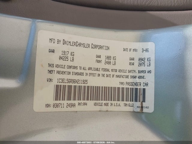 Aukcja sprzedaży 2006 Chrysler Sebring Touring, vin: 1C3EL56R96N211925, numer aukcji: 45572853
