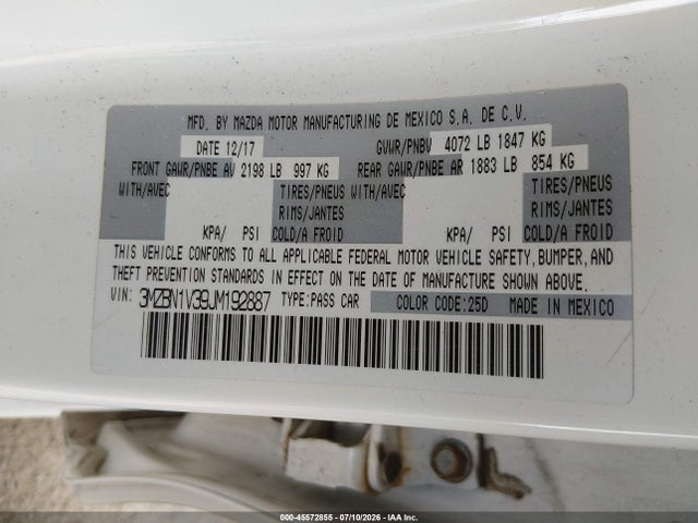 Aukcja sprzedaży 2018 Mazda Mazda3 Touring, vin: 3MZBN1V39JM192887, numer aukcji: 45572855