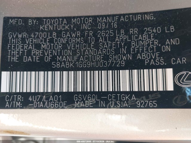 Lexus ES 350 2017 58ABK1GG9HU037729 Image 9