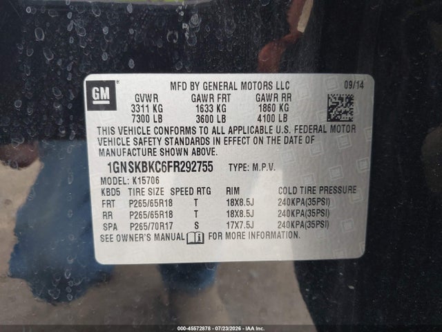 Продажа на аукционе авто 2015 Chevrolet Tahoe Lt, vin: 1GNSKBKC6FR292755, номер лота: 45572878
